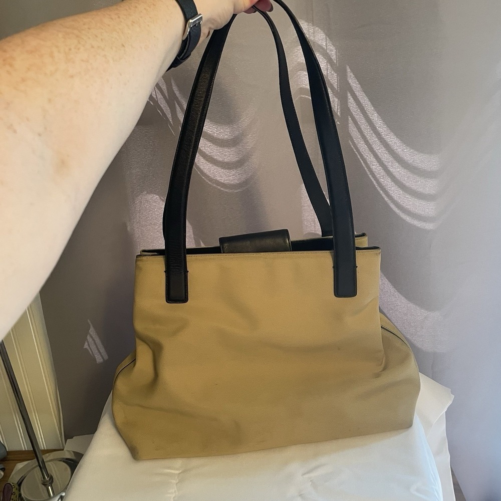 COACH Khaki Twill Canvas Leather Handle Shoulder Bag Purse 7402 Tan Black